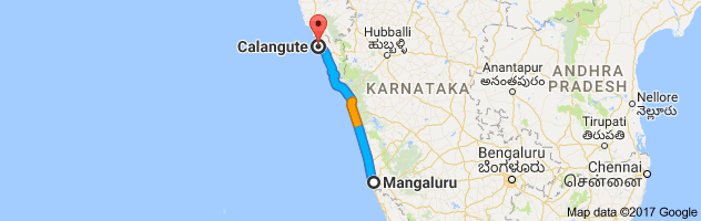 Mangalore to Calangute route, distance, time and road conditions