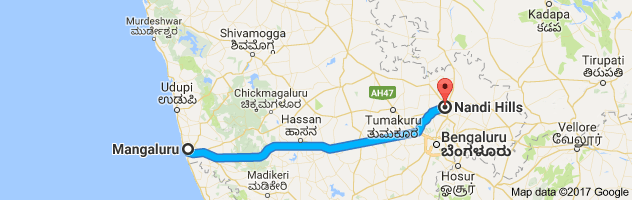 Mangalore to Nandi Hills route, distance, time and road conditions