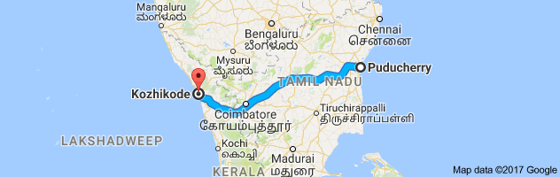 Pondicherry to Calicut route, distance, time and road conditions