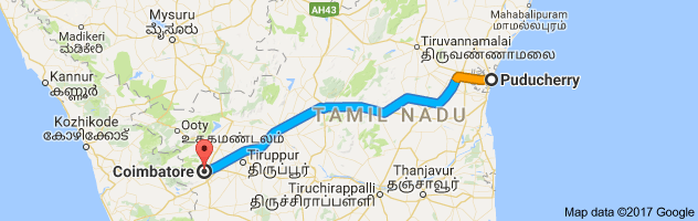 Pondicherry to Coimbatore route, distance, time and road conditions