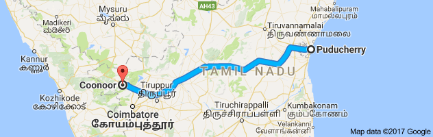 Pondicherry to Coonoor route, distance, time and road conditions