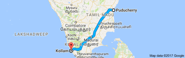 Pondicherry to Kollam route, distance, time and road conditions