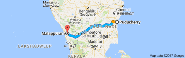 Pondicherry to Malappuram route, distance, time and road conditions