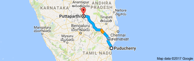 Pondicherry to Puttaparthi route, distance, time and road conditions