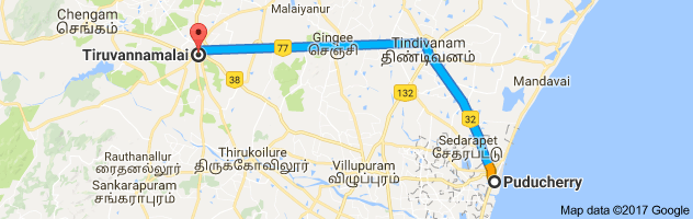 Pondicherry to Tiruvannamalai route, distance, time and road conditions