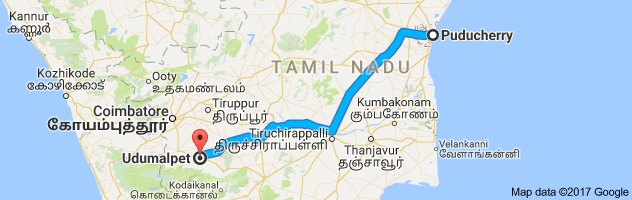 Pondicherry to Udumalpet route, distance, time and road conditions