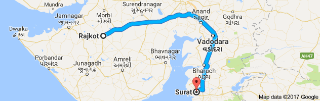 Rajkot to Surat route, distance, time and road conditions