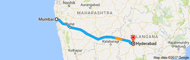 Mumbai to Hyderabad  route, distance, time and road conditions