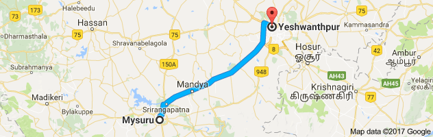 Mysore to Yeshwanthpura route, distance, time and road conditions