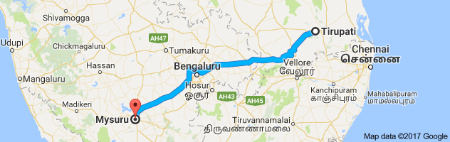 Tirupati to Mysore route, distance, time and road conditions