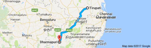 Tirupati to Dharmapuri route, distance, time and road conditions