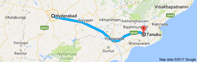 Hyderabad to Tanuku route, distance, time and road conditions